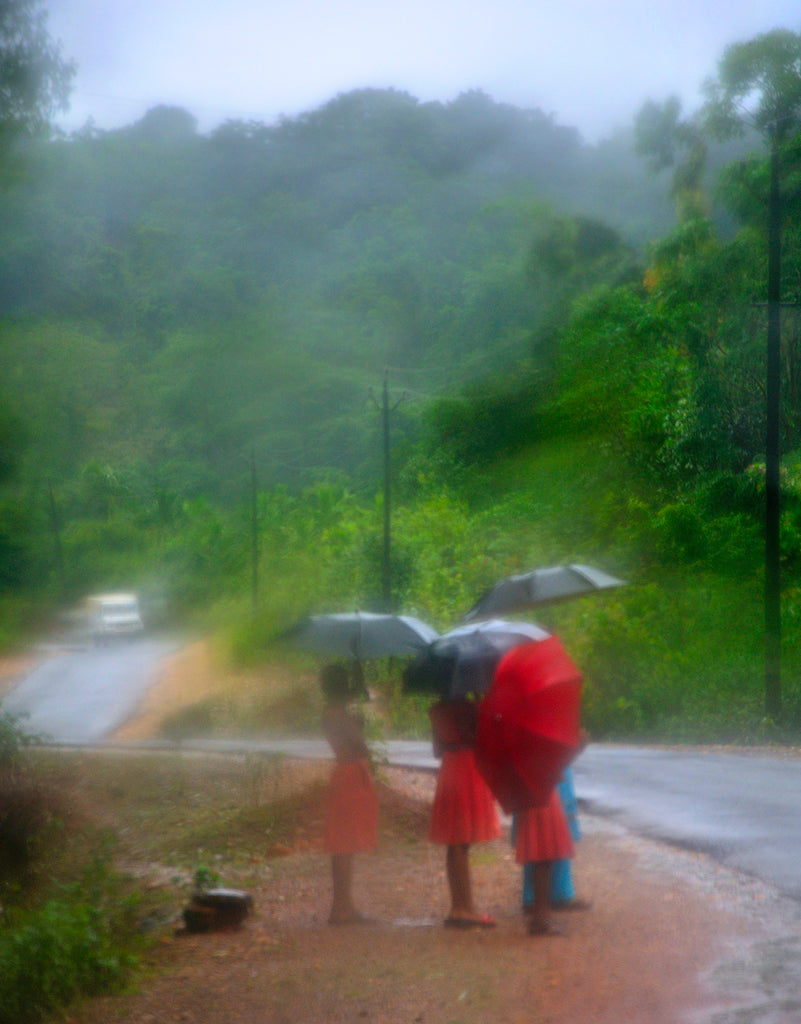 And the red umbrella - School children on A rainy day fineart image - ArtBuRt